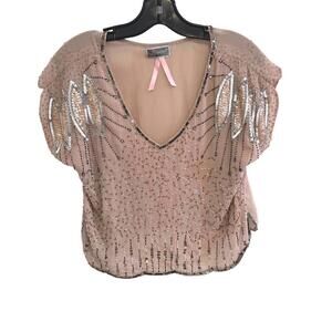 Lipsy London Embellished Dusty Pink Bejeweled V-Neck Short Sleeve Top - Size 6